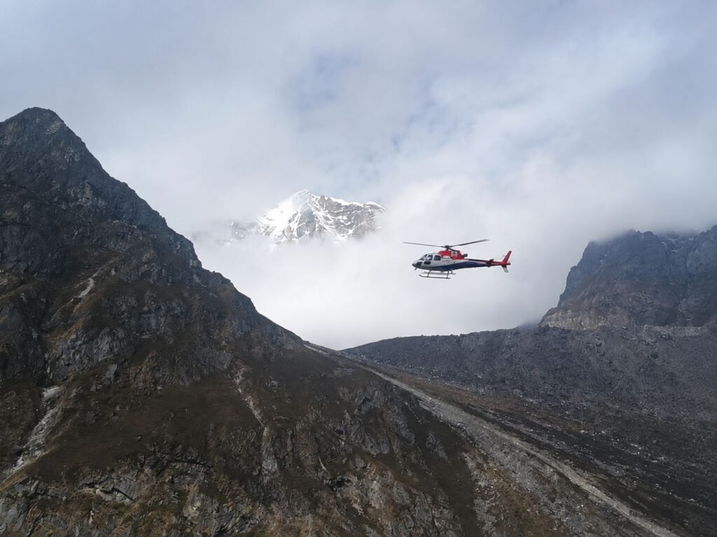 Himalayan Walkers flying on helicopter over everest region