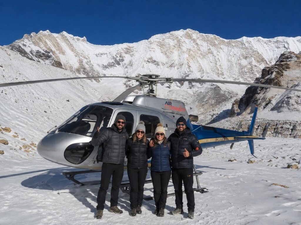 Trekking group beside helicopter at near Gorak Shep, Everest Base Camp Trek with Helicopter Return
