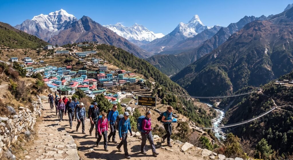 Group of trekkers walking down the stone trail from Namche Bazaar with Himalayan peaks and suspension bridge in the background
