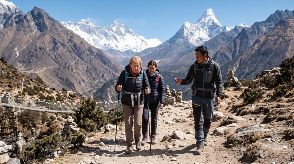 Woman in her sixties trekking through to EBC