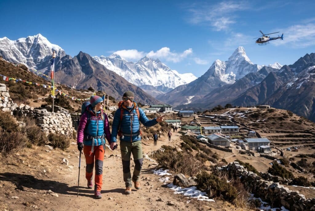 Everest base camp for couples hiking along a mountain trail in the Himalayas with a helicopter flying overhead