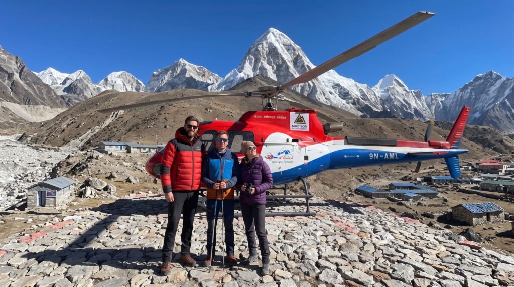 Trekkers preparing to board helicopter to return from gorakhshep