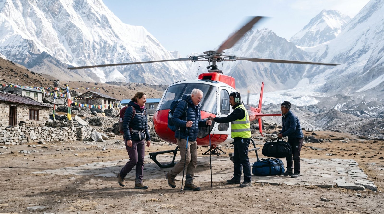 Tourists preparing to board a helicopter at Gorakshep, Everest region, after the Everest Base Camp family trek