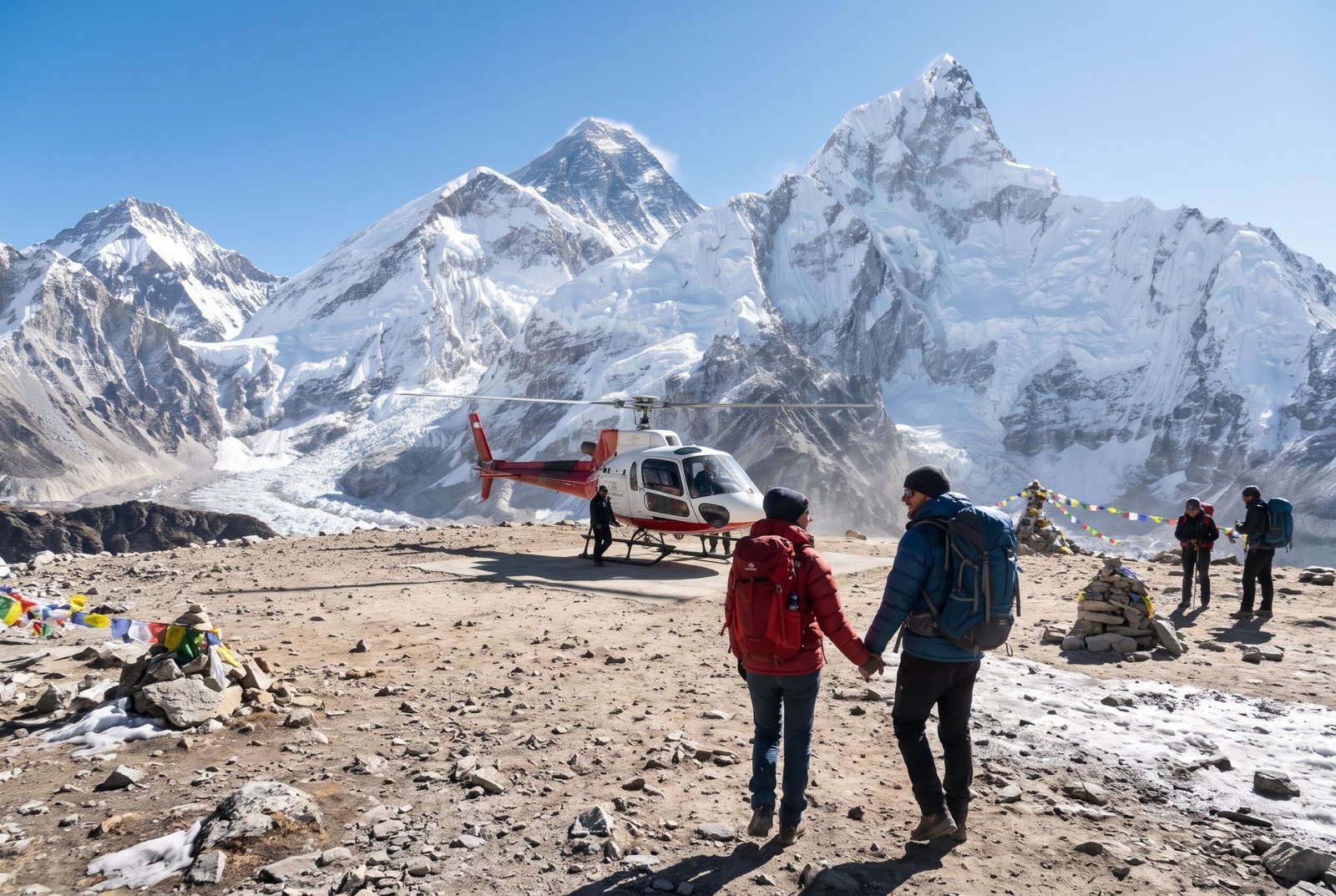 Everest base camp for couples walking hand in hand toward a helicopter return flight on a high-altitude Himalayan helipad