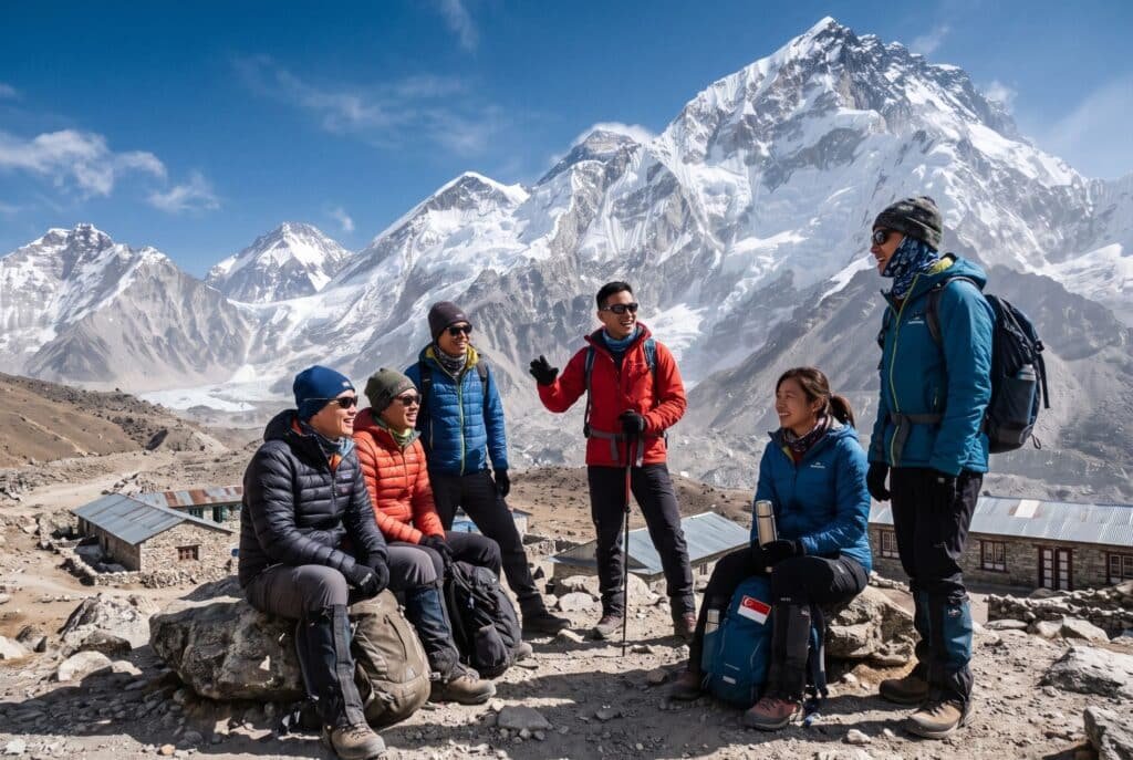 Family hiking together on the Everest Base Camp family trek in Nepal