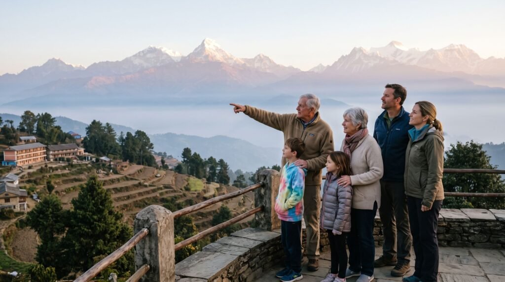 Multi generational Nepal trip family enjoying a panoramic Himalayan sunrise view over terraced hills from a viewpoint in Nagarkot.