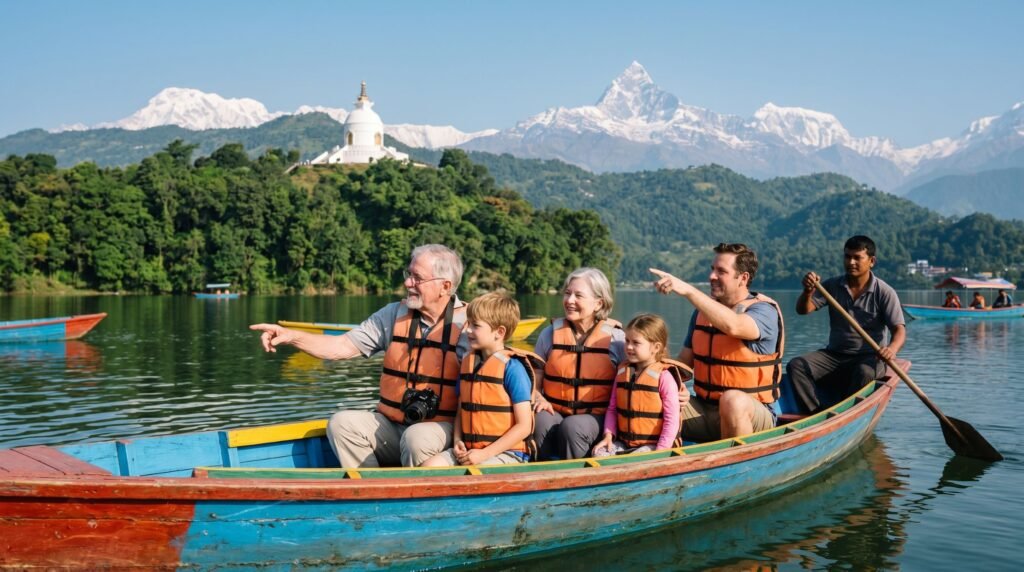 Multi generational Nepal trip family taking a wooden boat ride on Phewa Lake in Pokhara with the Annapurna mountain range in the background.