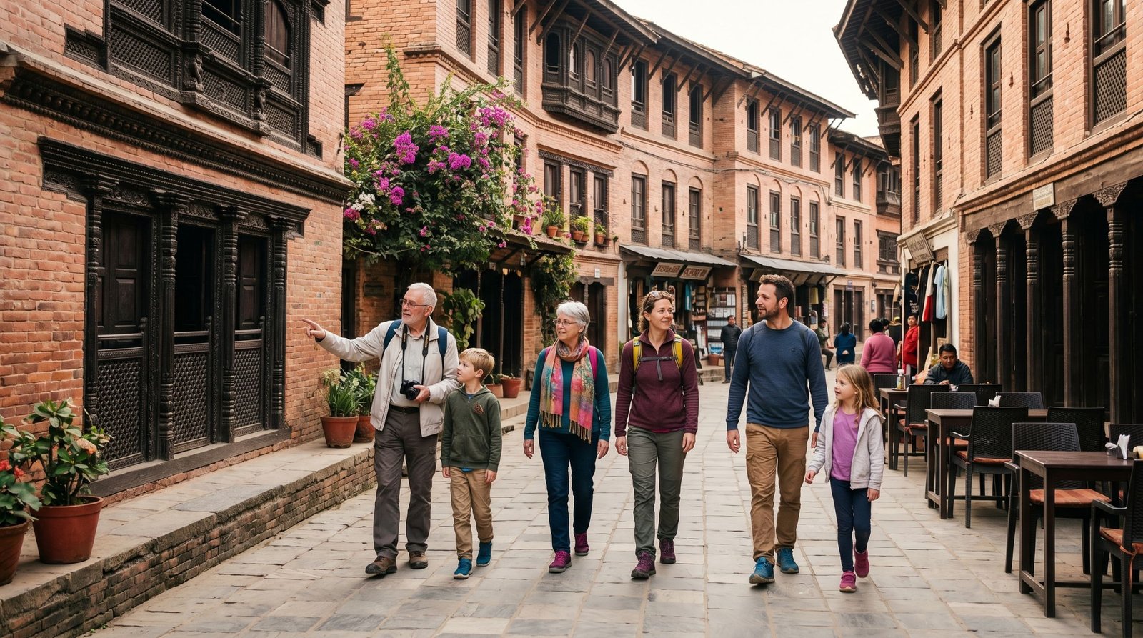 Multi generational Nepal trip family with grandparents and kids walking down the traditional cobbled street of Bandipur.
