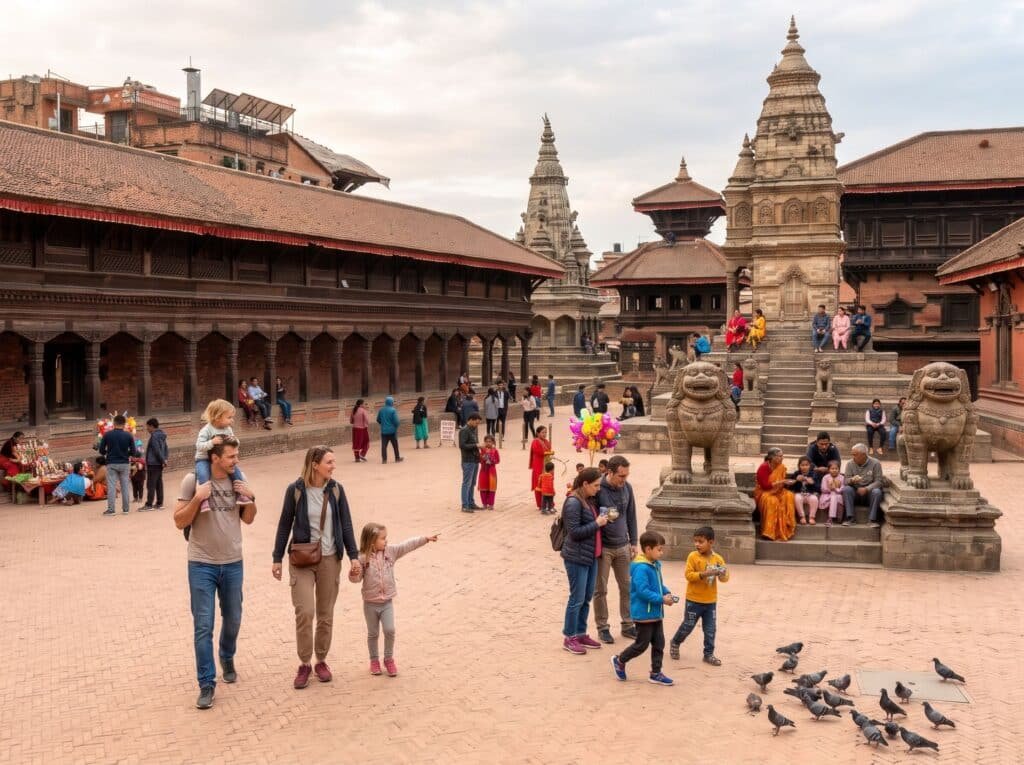 Family enjoying a guided cultural walk through Bhaktapur Durbar Square in Kathmandu Valley