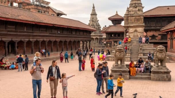 Family enjoying a guided cultural walk through Bhaktapur Durbar Square in Kathmandu Valley