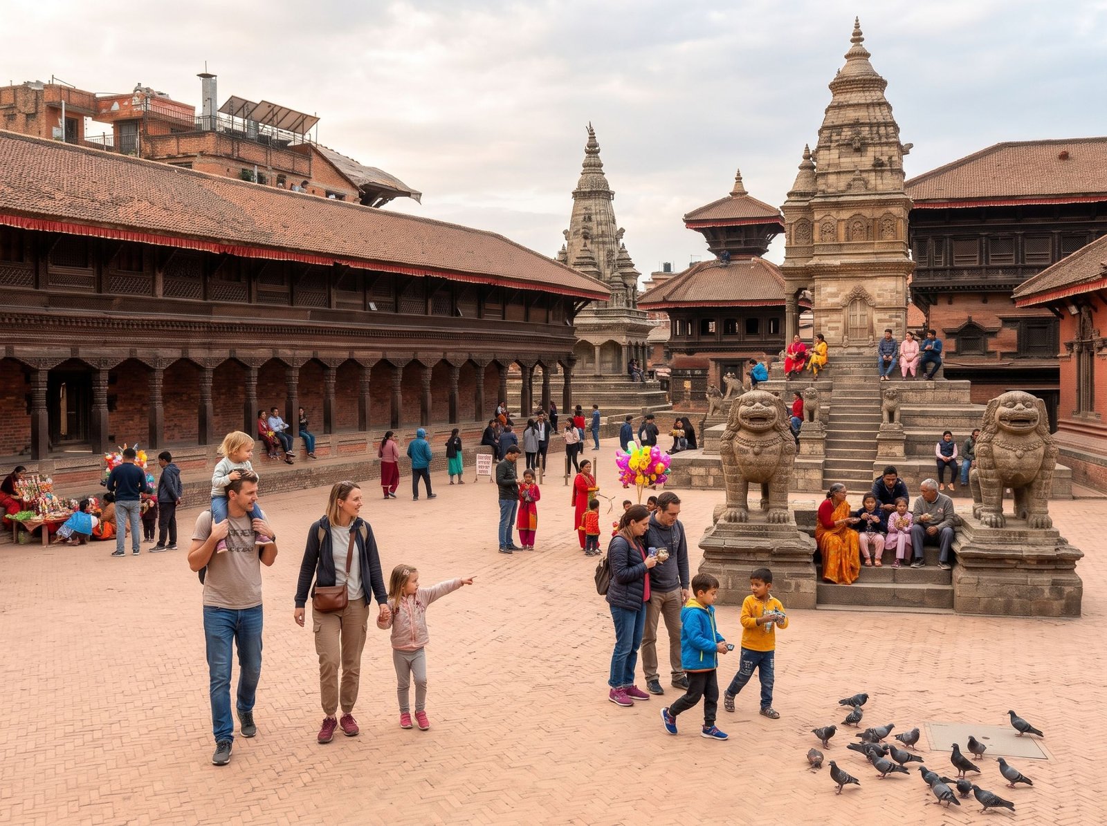 Family enjoying a guided cultural walk through Bhaktapur Durbar Square in Kathmandu Valley
