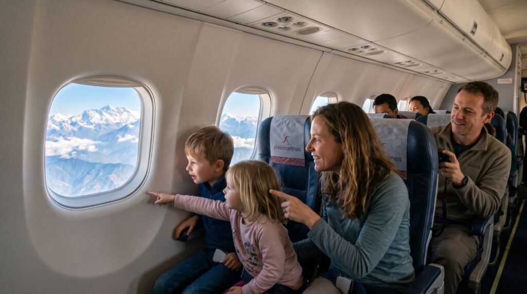 Children and parents looking out at the Himalayas during an Everest mountain flight, a Nepal family holiday with kids
